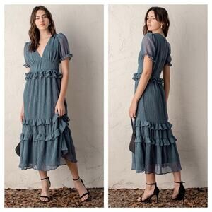 NWT Lulus Know Your Heart Midi Dress Medium Dusty Blue Polka Dot Ruffled